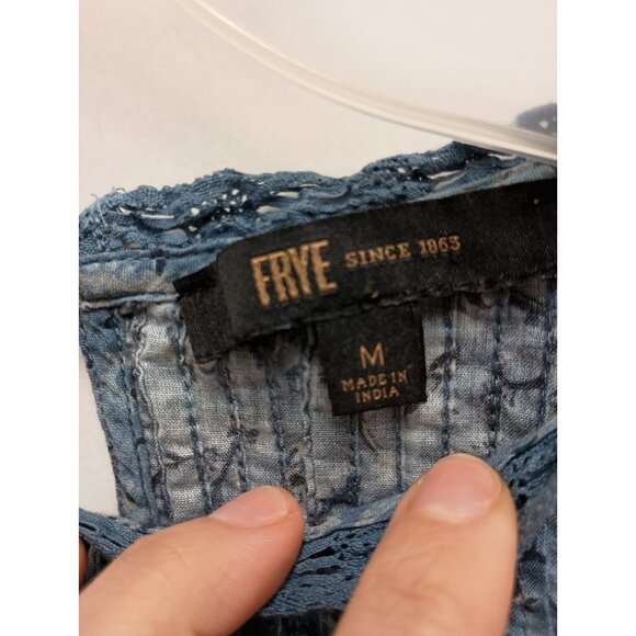 Frye Womens Blouse Medium Blue Paisley Eyelet BOHO Keyhole Back Ruffle Top - Picture 6 of 11